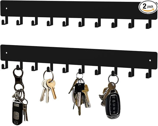 Key Holder Wall Mount,14in with 10 Hooks,Black Metal Key Hanger for Car Key Ring,Suitable for Entrances/Door/Living Rooms/Kitchen/Offices（2 Sets）
