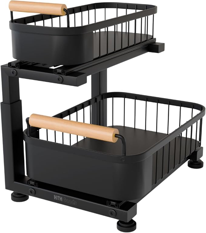 Premium Large Under Sink Organizer, 2-Tier Pull Out, Adjustable | Heavy-duty carbon steel, 7 adjustable heights and smooth ball-bearing sliding baskets for kitchen and bathroom cabinets