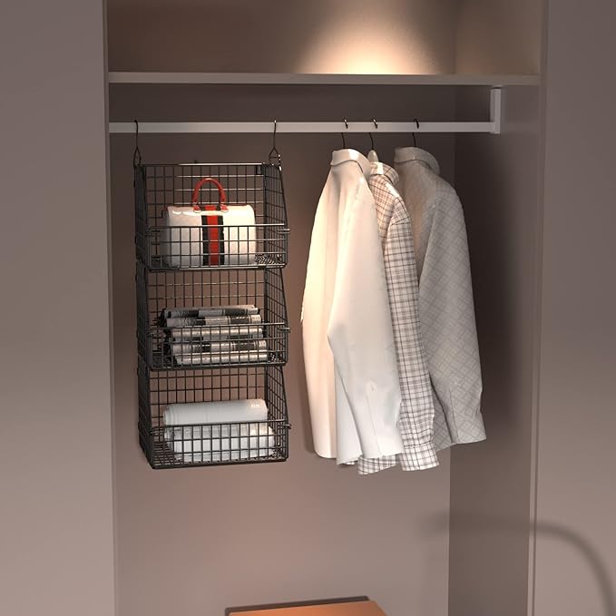 PUPPYCUTE Stackable Wire Storage Baskets for Kitchen Closet Pantry, Hanging Closet Organizers Storage Shelves Organization, Wall Mount Metal Basket Bins, Clothing Vegetable & Fruit Organizer 5 pcs