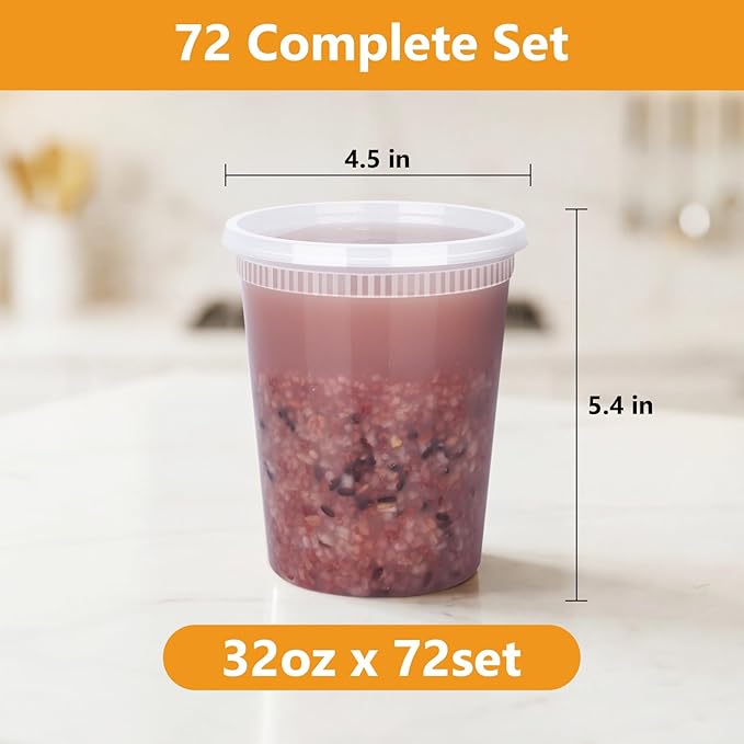72 Sets (144-Piece) Deli Containers with Lids, 32oz X 72 Set Each, Leak-Proof & BPA Free Airtight Takeout Plastic Food Storage Containers for Soup, Meal Prep,Microwave/Freezer Safe