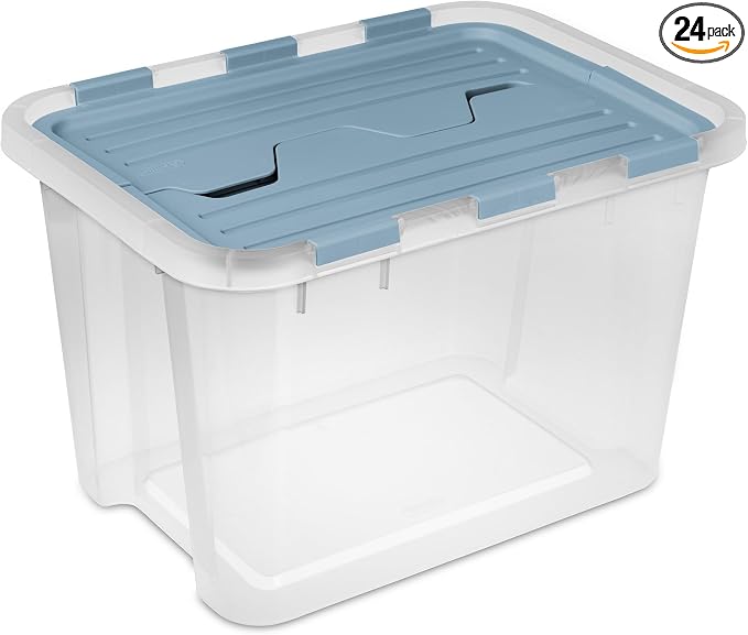 Sterilite 24 Pack Hinged Lid Storage Box, 30 Qt Plastic Container, Washed Blue - Home Organizer Tote for Storing Shoes, Crafts, Clothing, or Decor
