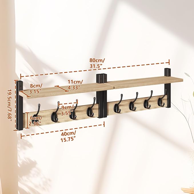 YMYNY Coat Rack Wall Mount with Shelf and Hooks, Light Natural HWS001R-2 | 2 Pack Wooden Wall Mounted Coat Hanger with Shelf and 8 Double Hooks, Wall Coat Rack for Entryway Hallway Bedroom Bathroom