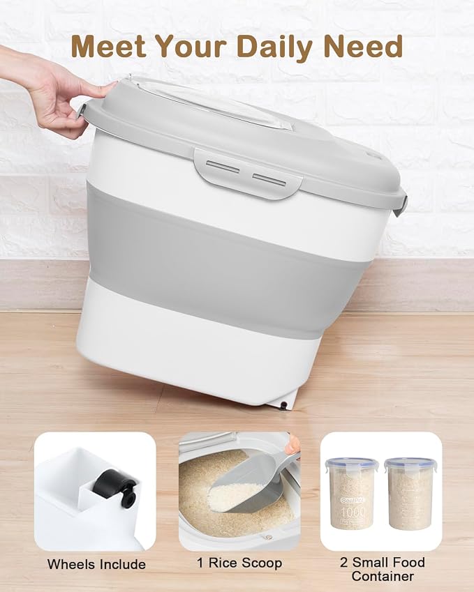 20-50 Lbs Airtight Food Storage Container Wheels,Collapsible Rice Container | Flour Storage Container with Double Airtight Seal,Rice Storage Container with Magnetic Lid,Keep Fresh for Pet Food,Rice,Flour