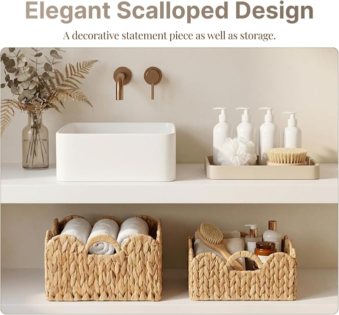 Scalloped Edge Wicker Basket, Hand-woven Rattan Storage Baskets with Built-in Handles, Water Hyacinth Basket for Organizing and Decor, 2 Pack (11 ½" L X 11 ½" W X 5 ¾" H)