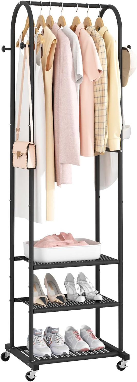 Kaitiemoo Clothing Rack, Mobile Garment Rack with Wheels & 3 Shelves, Blak | Heavy Duty Frame, Fits Small Spaces, 71.8 Inches Display Rack, Easy to install, Black clothes rack