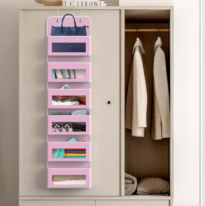 Simple Houseware 6 Clear Window Pocket Over Door Hanging Organizer, Pink | Over the Door Storage for Closet, Bedroom, Bathroom, Pantry