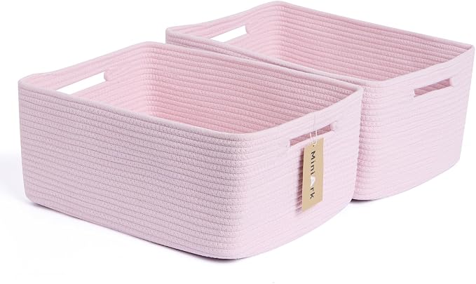 MiniArk Large Storage Baskets for Shelves, 17 x 13 x 7.5” Closet Organizers Bins for Clothes Blanket Towels, Baby Nursery, Toy Baskets Box, Woven Rope Baskets, 2 Packs Light Pink