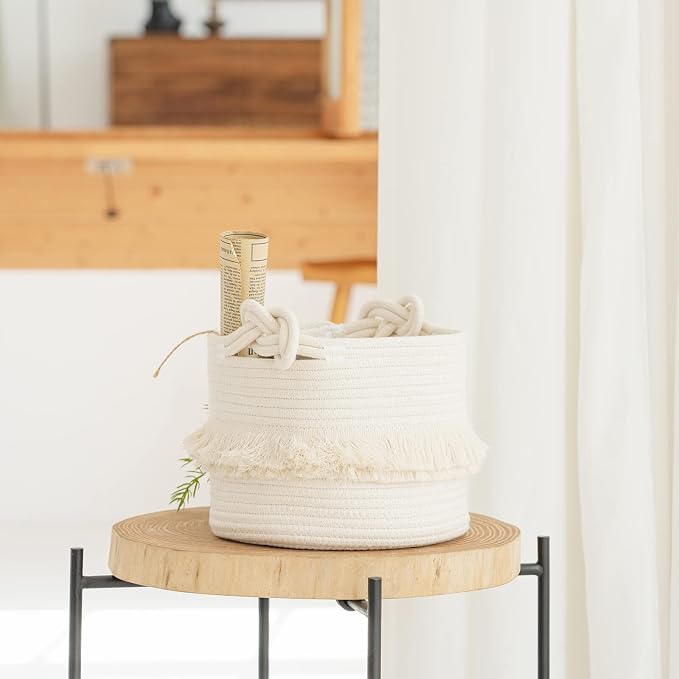 CherryNow Small Woven Rope Baby Basket with Tassel, 9.5" x 7", Off-White | Cute Storage Basket for Baby Shower, Toys & Daily Essentials, Fits Nursery Living Room Decor, with Knotted Handles