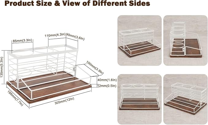 Hair Tool Organizer, Movable Hair Dryer Holder, Hair Styling Tools Storage for Vanity, Bath Counter Organizer, Bathroom Trays for Hair Toiletry, Makeup (12" x 7.7" x 5.8", Wood-White)