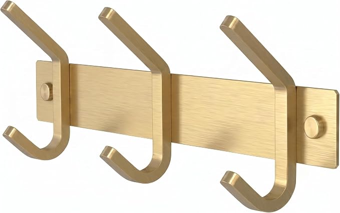 Brushed Gold Small Coat Rack Wall Mount – 9 Inch Stainless Steel Rail with 3 Double Coat Hooks for Entryway, Bathroom, Bedroom, Kitchen – Modern Gold Hook Rack for Coats, Hats, Towels