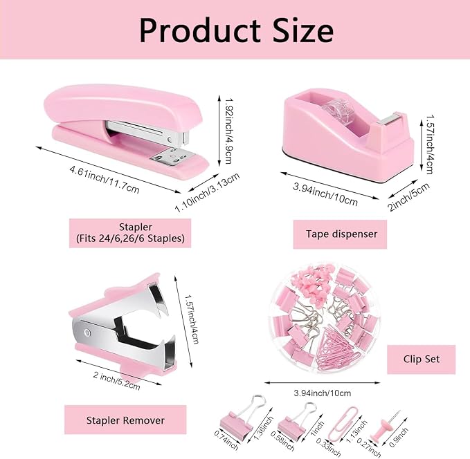 Office Supplies,Pink Desk Accessories,Office Supplies Set,Stapler and Tape Dispenser Set,Scissors,Staple Remover,Binder Clips,Staples,Ballpoint Pen,Index Tabs with Ruler,Clear Tape.9pcs for Office
