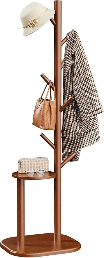 Pipishell Coat Rack, Freestanding Hall Tree with 8 Hooks & Storage Shelf, Solid Wood Base, 66.3″ Tall Coat Rack Stand for Coats, Hats, Bag in Entryway, Bedroom, Living Room, Brown