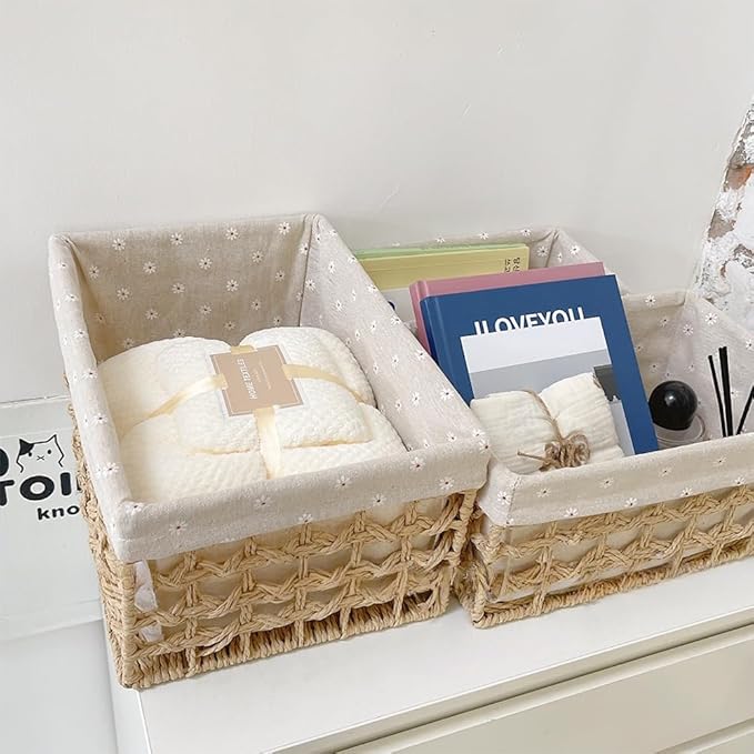 GIB Small Wicker Woven Storage Baskets for Organizng with Liners, Set of 3 | Braided Paper Rope, Decorative Cute Baskets for Gifts, Storage Bins for Shelves, Pantry, Bathroom Organizers, Bedroom Decor
