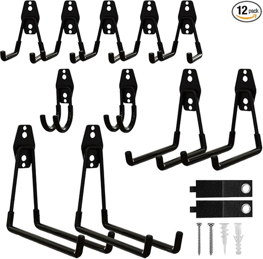 Garage Hooks, 12 Pack Wall Hooks for Hanging Heavy Duty Ladders, Bikes, Tools Ideal for Garage, Garden, Basement Utility Room Storage (Black)