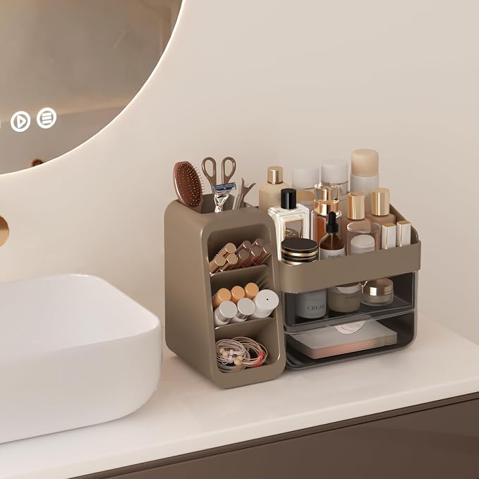 Countertop Makeup Skincare Organizer with Adjustable Brush Holder, Taupe | Extra Thick Plastic, Clear Drawers, Large Bathroom Vanity Counter Organizer, Cosmetic Storage for Perfume, Lipstick, Palettes