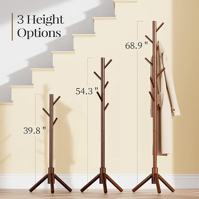 Pipishell Solid Wooden Coat Rack Freestanding, Hall Tree with 8 Hooks, 3 Height Options for Coats, Hats, Handbags, and Scarves, Tool-Free Assembly, Space Saving Design for Entryway, Office, Bedroom