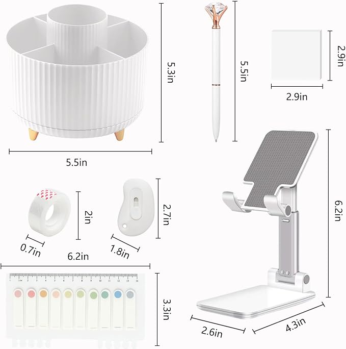 Office Supplies, White Desk Accessories,Desk Organizer,Phone Stand,Scissors,Stapler,Tape Dispenser,Binder clips,Staples,staple remover,Sticky Notes,Index Tabs,Clear Tape,Mini Box Cutter,Cool Pen.16pcs