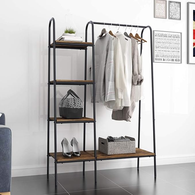 soges Clothes Rack, Garment Rack with 5 Shelves Hanging Bar, Black | Open Wardrobe for Hanging Clothes and Storage, Free Standing Closet Organizer, Clothing Rack for Bedroom Entryway Small Space