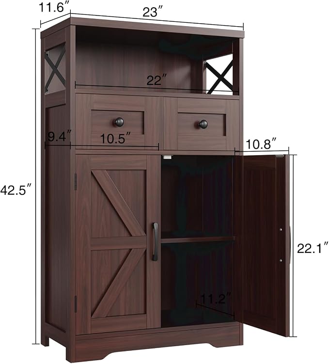 Farmhouse Storage Cabinet Set of 2, Small Kitchen Pantry Coffee Bar Cabinet | Accent Buffet Cabinet Cupboard, 2 Drawers, Barn Doors & Adjustable Shelves, for Kitchen/Entryway/Bathroom, Dark Brown