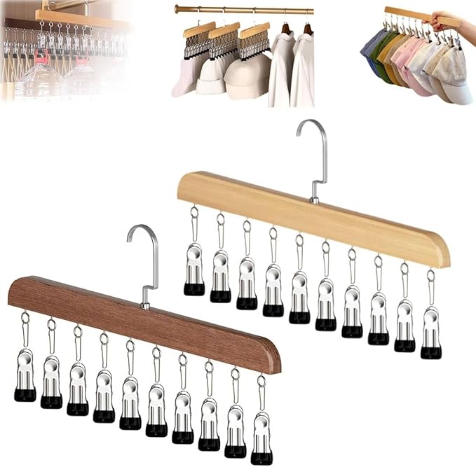 Closet Organizer with 10 Clips, 2PCS Space Saving Hanging Closet Organizer, Space-Saving Hat Scarf Clothespins for Jeans Skirts Socks Leggings Wooden Pant Hangers with Clips(Vintage+Wood)