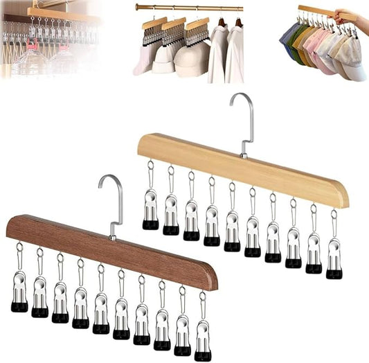 Closet Organizer with 10 Clips, 2PCS Space Saving Hanging Closet Organizer, Space-Saving Hat Scarf Clothespins for Jeans Skirts Socks Leggings Wooden Pant Hangers with Clips(Vintage+Wood)