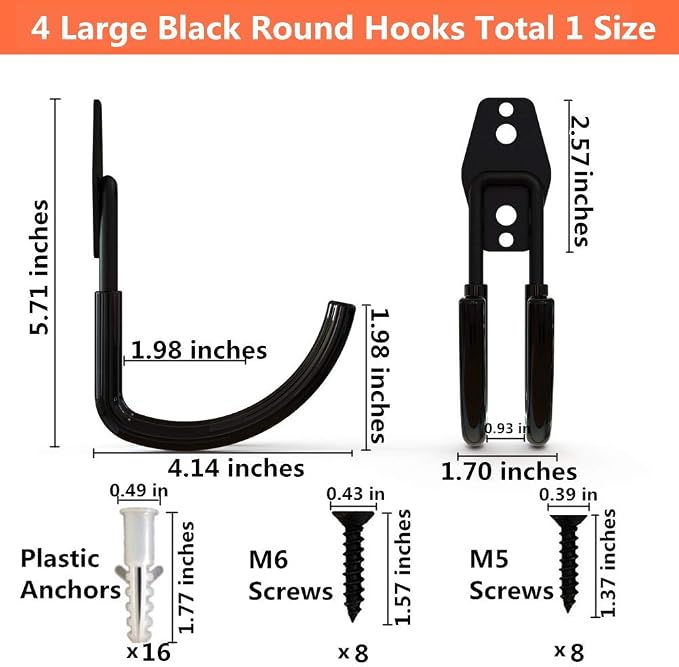 Heavy Duty Garage Storage Utility Double Hooks, Wall Mount Tool Holder Organizer with Anti-Slip Coating (4 Pack Black 4.2" Large Round J Hook)
