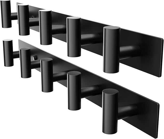 Black Wall Mounted Coat Rack – 5 T-Shaped Hooks on 16.5" Rail, (2 Pack) | for Hanging Hats, Bags & Towels, Heavy-Duty Metal Hooks for Entryway, Bathroom, Closet, Bedroom
