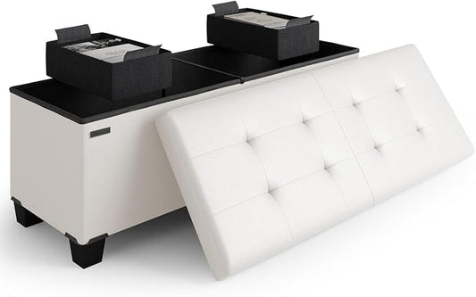 Storage Ottoman Bench with Bins, 43-in Storage Bench for Bedroom End of Bed, Folding Foot Rest Ottoman for Living Room Max 660lbs, Faux Leather Ottomans, Cream