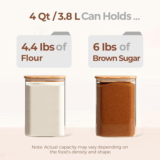 ComSaf Flour Sugar Storage Containers 4 Qt, Set of 2 Glass Flour Container | 1 Gallon Large Glass Storage Containers, 15cm Extra Wide Mouth Canisters, Easy Clean and Scoop, 4.4lb Flour Jar, BPA Free