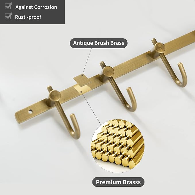 WINCASE Brass Towel Hook Rack, Brushed Brass Wall Hook Rack, Antique Brass Row Hooks with 4 Hooks Rustic Wall Mounted