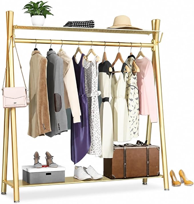Clothes rack Gold, Freestanding Industrial Garment Rack with Double shelves Multi-functional Bedroom Hanging Clothing Rack,Heavy Duty Coat Rack Organizer for Bedroom Shoes 1 pack (39'' L)
