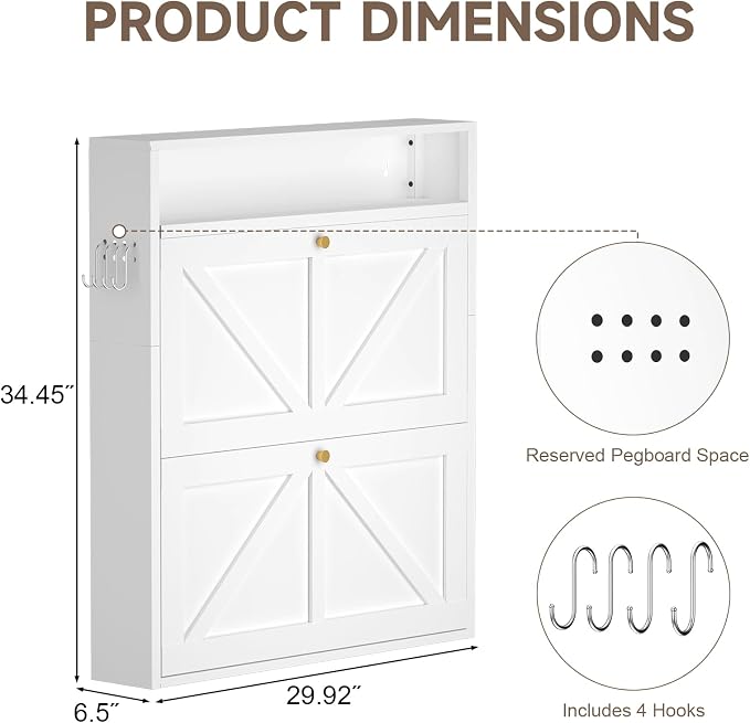Metal Hidden Shoe Rack, 2 Flip-Down Floating Shoe Storage, Ultra Slim Wall Mounted Steel Shoe Organizer for Small Spaces, Modern Front Door Shoe Storage, Anti-Tip, White