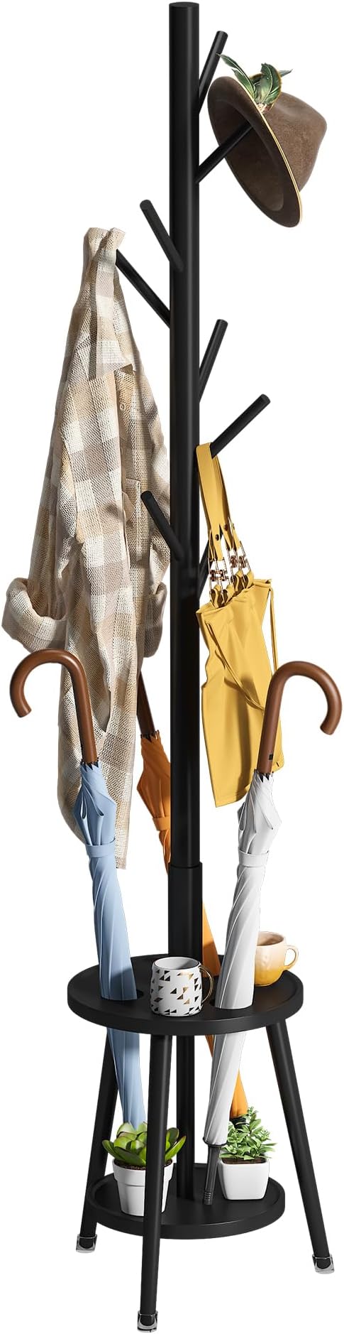 Freestanding Coat Rack with Umbrella Organizer Tray Bamboo Coat Tree Rack with 8 Hook Stand for Clothes Bag Hats Entryway Hanger Stand(Black)