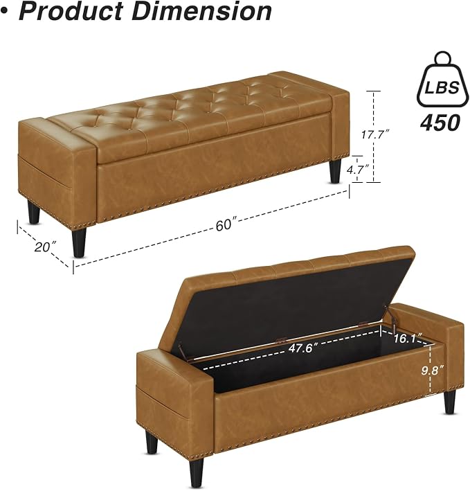 60" Storage Ottoman Bench, Faux Leather Upholstered Bed Bench with Tufted Buttons and Nailhead Trim, Large Ottoman with Storage for King Size End of Bed, Bedroom, Entryway, Hallway (Camel)