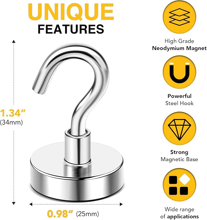 DIYMAG Magnetic Hooks 20pcs 85lbs Cruise Essentials 2026 Magnet Hook | Neodymium Heavy Duty Strong Magnets Hanging Ship Cabins Refrigerator Fridge Classroom Beach Vacation Kitchen Grills Home Tool