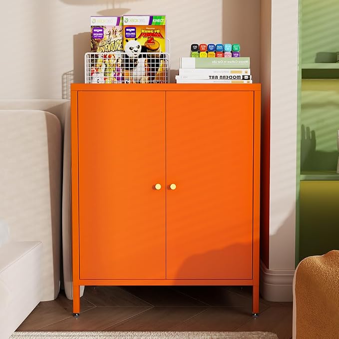2 Door Metal Accent Storage Cabinet for Home,Office Room,Kitchen-Metal Locker Cabinet with 1 Adjustable Shelves-2-Tier (Small 2 Door Cabinet, Orange)