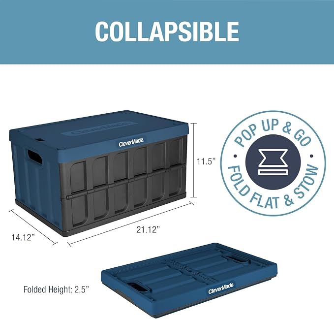 CleverMade Collapsible Storage Bins with Lids, 46L, 3 Pack, Obsidian | Each bin supports 75 lb and stacks with or without its lid. The lid stores underneath, and the crate folds to 2.5 inches.