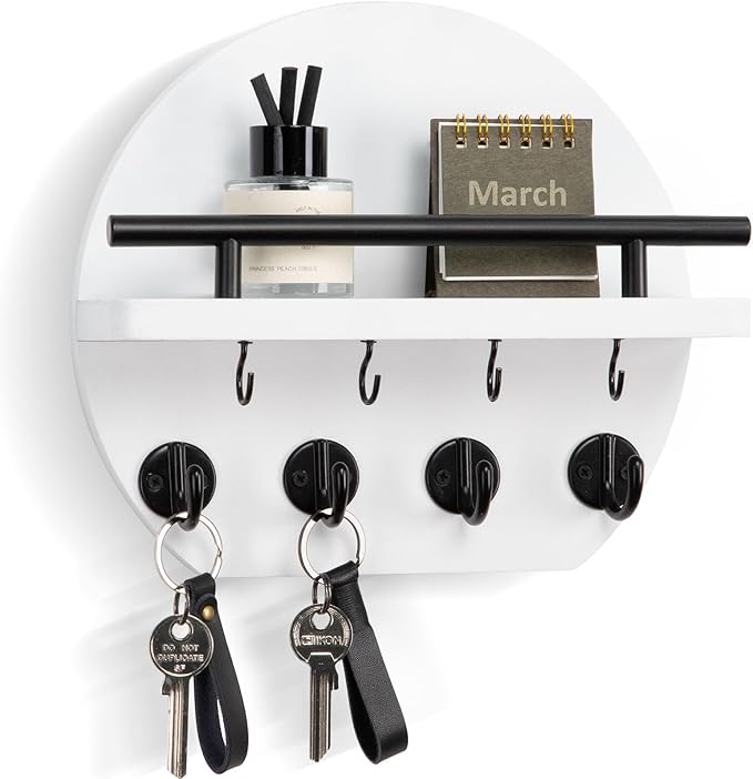 Nekon Key Holder for Wall - 9.8 Inch Apartment Wall Decor with Shelf and 8 Key Hooks, Circular Wood Key Hanger for Home Decor (White)