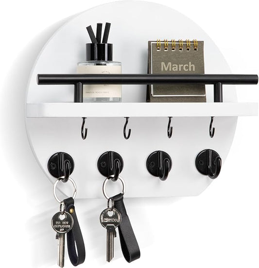 Nekon Key Holder for Wall - 9.8 Inch Apartment Wall Decor with Shelf and 8 Key Hooks, Circular Wood Key Hanger for Home Decor (White)