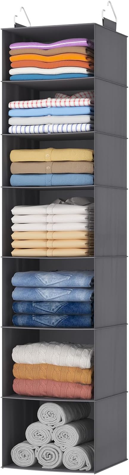 Lifewit 7 Tier Hanging Portable Closet Storage Organizer for Shelves, Black | Foldable Clothes Shelf with 2 Sturdy Hooks, Sweater/Coat/Shoes Clothing Organization for Wardrobe, Dorm, Bedroom