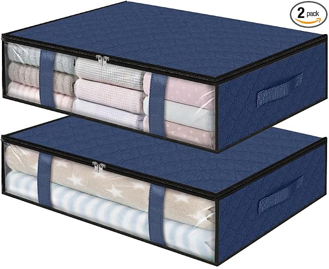 StorageRight Under Bed Storage Bags, 2 Pack, 40L, Blue | Breathable Non-Woven Fabric with a Clear Window and Zippered Top for Clothes, Comforters, Blankets and Seasonal Storage
