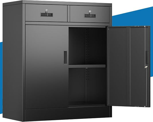 Metal Storage Cabinet, 36" Locking Cabinet with Adjustable Shelves for Garage, Office (Black, 2 Drawers)