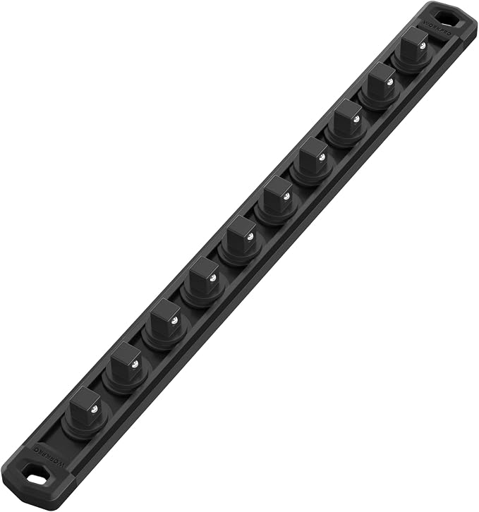 WORKPRO Magnetic Socket Organizer, Heavy Duty 3/8-Inch Drive Socket Rail | 1 Piece Socket Holder with 10 Spots, Aluminum Alloy, Rotatable & Movable Clips, Efficient Organization