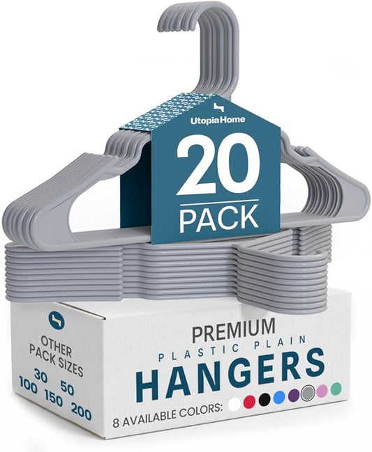 Utopia Home Plastic Hangers 20 Pack – Space Saving Clothes Hanger Grey | Durable & strong | Closet organizer & storage | Ideal for apartments, dorms & stocking stuffers