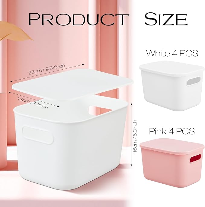 8 Pieces Colorful Storage Bins with Lid, Plastic Storage Basket Organizing Container Stackable Box with Handle for Shelves Desktop Playroom Office(9.8 x 7.1 x 6.3 Inch,White and Pink)