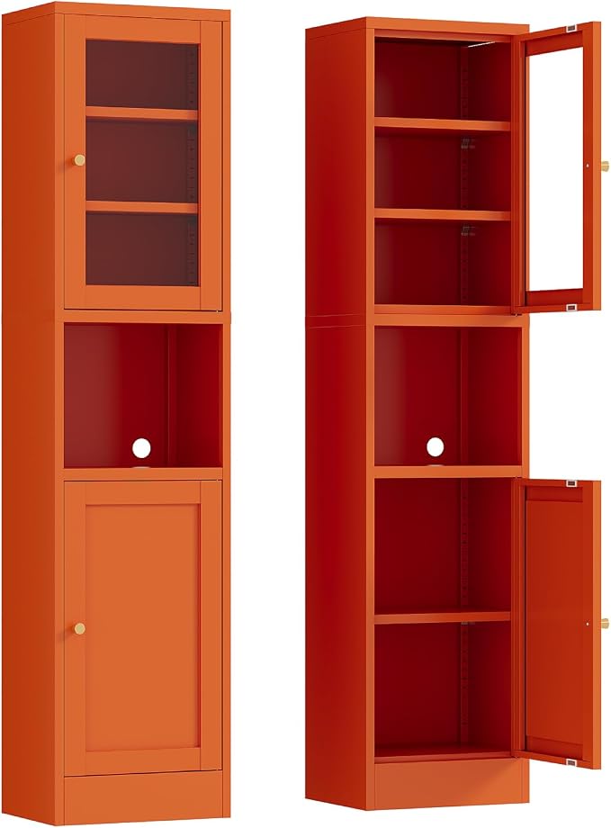 67" Tall Metal Narrow Storage Cabinet with Glass Door and Open Shelf, Shaker Style Slim Cabinet with Adjustable Shelves for Kitchen Bathroom Living Room Laundry Small Spaces, Orange, 1Pc