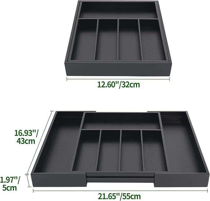 VaeFae Bamboo Drawer Organizer, Large, Black | Cutlery Drawer Holder, Drawer Divider for Silverware, Flatware，43 cm D x 32-55 cm W, 5-7 Slots, Black