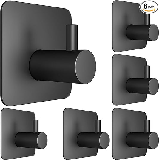 Honmein 6 Pcs Adhesive Wall Hooks for Hanging - Waterproof Shower Hooks | Heavy Duty Towel Hooks for Bathrooms, Kitchens, and Offices (Black)