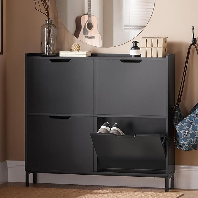 Haotian Ultra Thin Shoe Cabinet with 4 Flip-Drawers | Narrow Enclosed Shoe Rack, Slim Shoe Storage Organzier Entryway, Black, FSR100-SCH