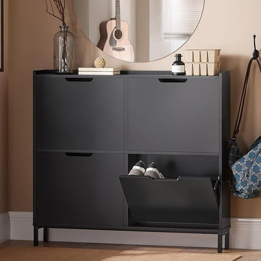 Haotian Ultra Thin Shoe Cabinet with 4 Flip-Drawers | Narrow Enclosed Shoe Rack, Slim Shoe Storage Organzier Entryway, Black, FSR100-SCH